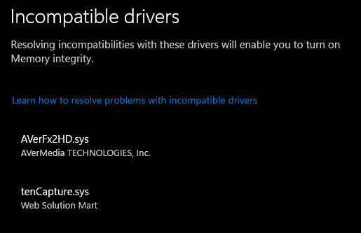 Memory Integrity hat sich aufgrund inkompatibler Treiber selbst ausgeschaltet.