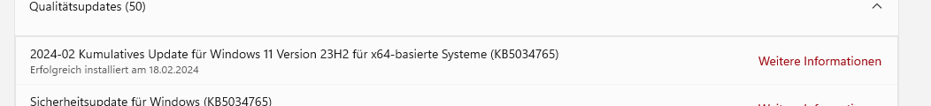 2024-02 Kumulatives Update für Windows 11 Version 23H2 für x64-basierte Systeme (KB5034765) funktioniert nicht