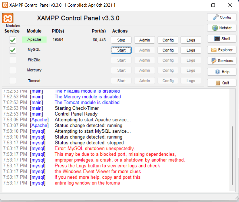 MySQL-Server startet nicht in Xampp