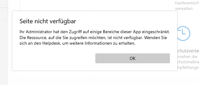 Windows Sicherheit - Seite nicht verfügbar