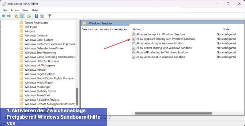 1. Aktivieren der Zwischenablage-Freigabe mit Windows Sandbox mithilfe von Gpedit