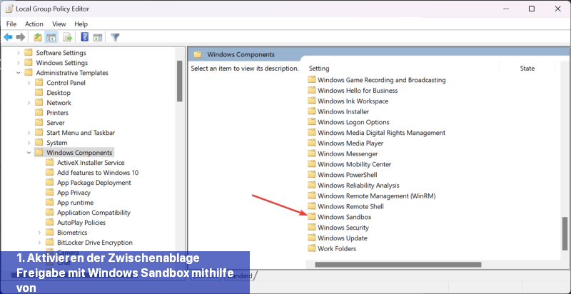 1. Aktivieren der Zwischenablage-Freigabe mit Windows Sandbox mithilfe von Gpedit