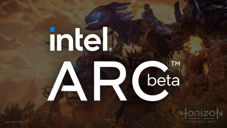 Intel Arc-Logo mit einem Screenshot von Horizon Forbidden West im Hintergrund
