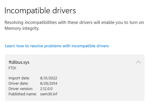 Speicherintegrität kann aufgrund von ftdibus.sys nicht aktiviert werden