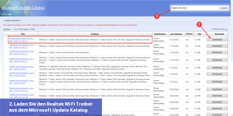 2. Laden Sie den Realtek Wi-Fi-Treiber aus dem Microsoft Update-Katalog