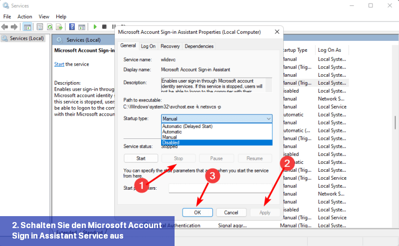 2. Schalten Sie den Microsoft Account Sign-in Assistant Service aus