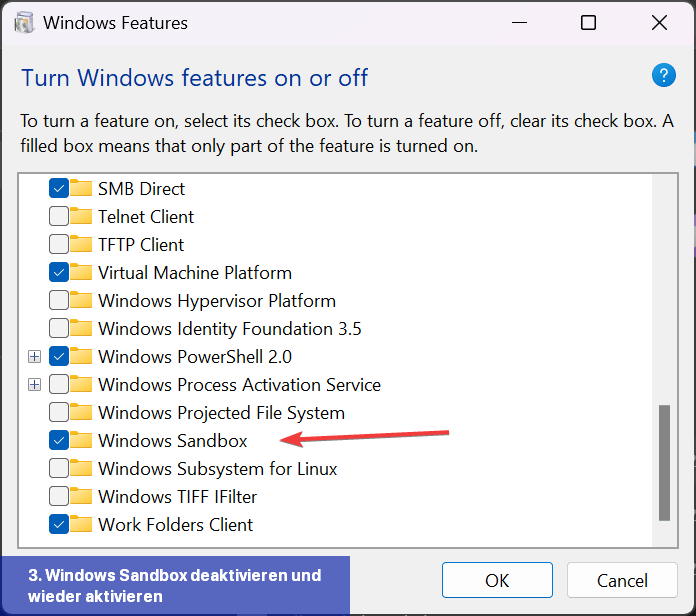 3. Windows Sandbox deaktivieren und wieder aktivieren