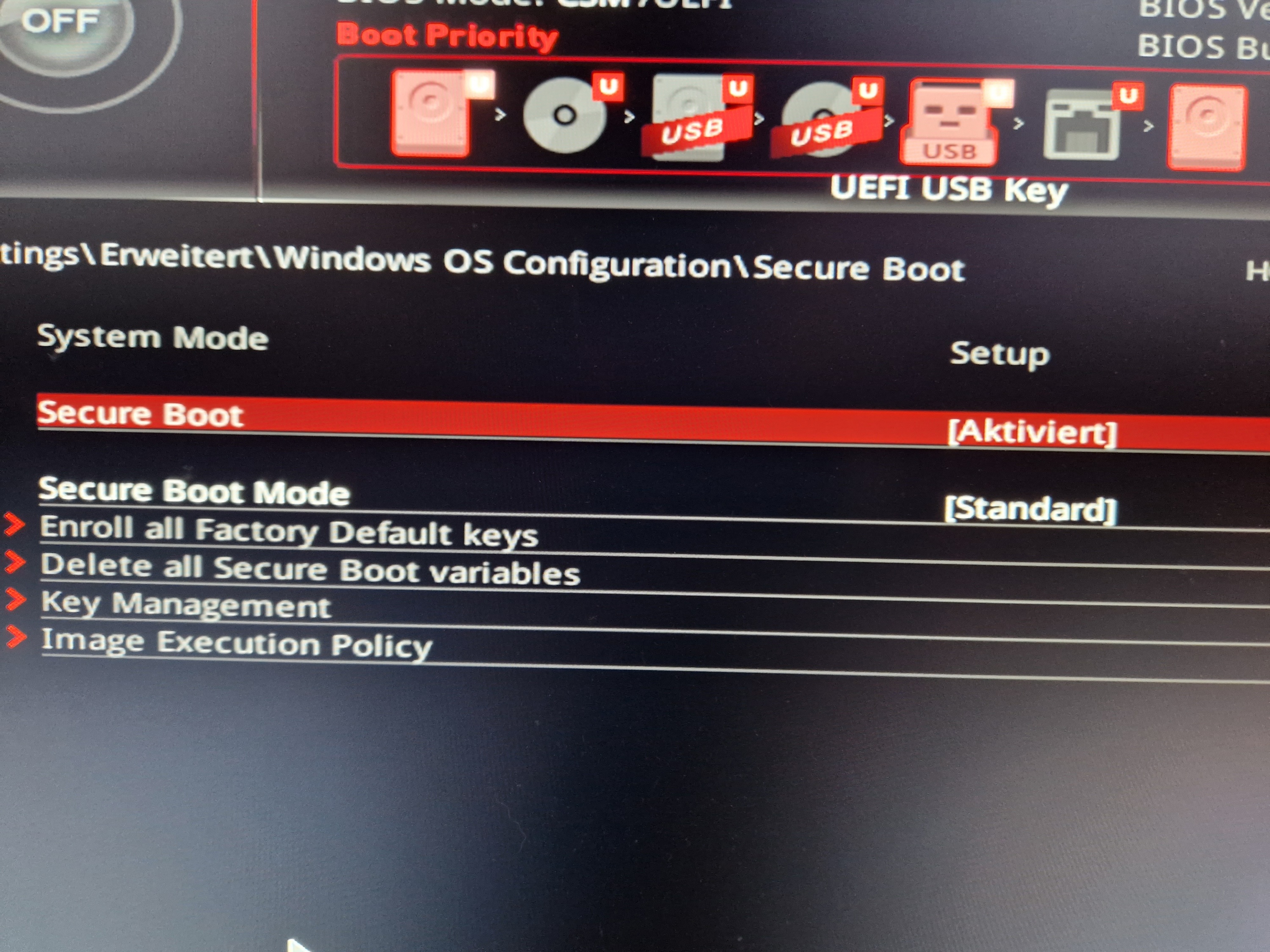 Secure Boot im UEFI Bios (MSI) aktiviert aber Sicherer Start wird von Windows nicht erkannt