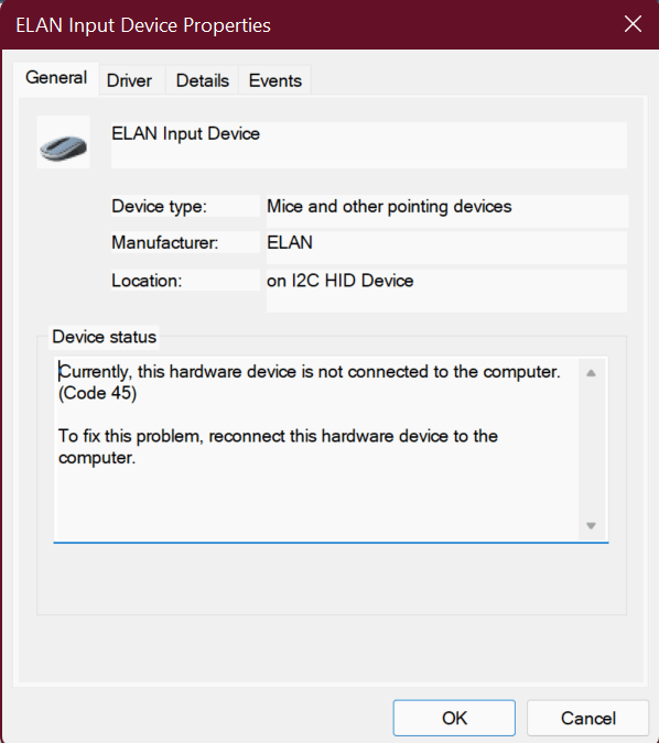 Touchpad funktioniert nicht, Elan-Eingabegerätecode 45