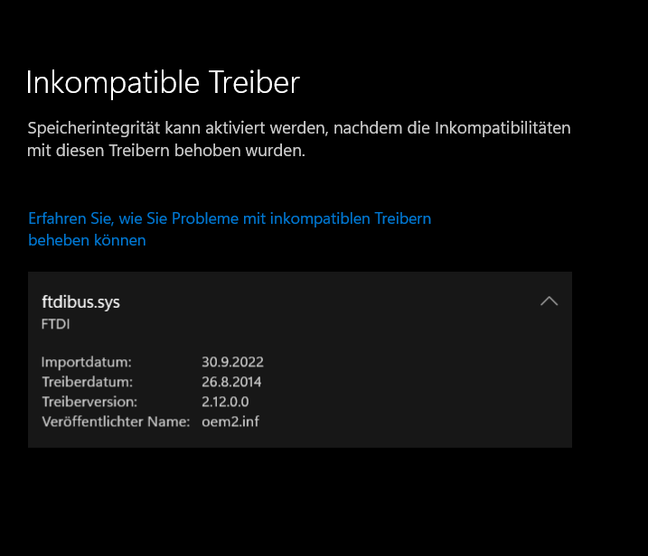 Speicherintegrität kann aufgrund eines inkompatiblen Treibers nicht aktiviert werden