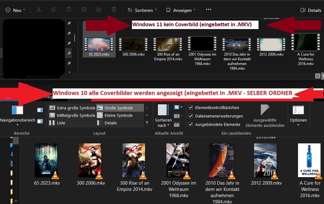 Wieso werden in Windows 11, im Gegensatz zu Win 10, keine eingebetteten Coverbilder von Videos im Explorer angezeigt?