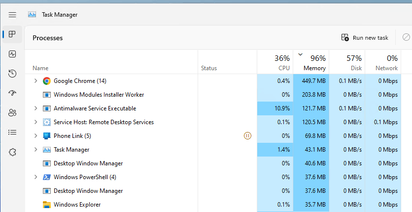 Sehr hohe Speichernutzung in Windows 11 22H2