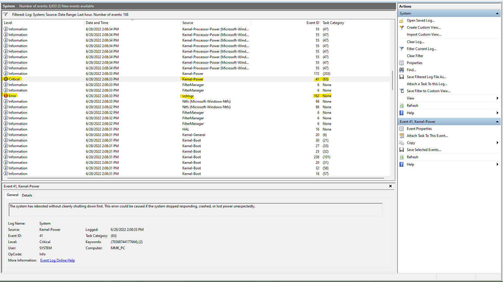 Windows 11 volmgr 162 Kernel-Power 41 BSOD
