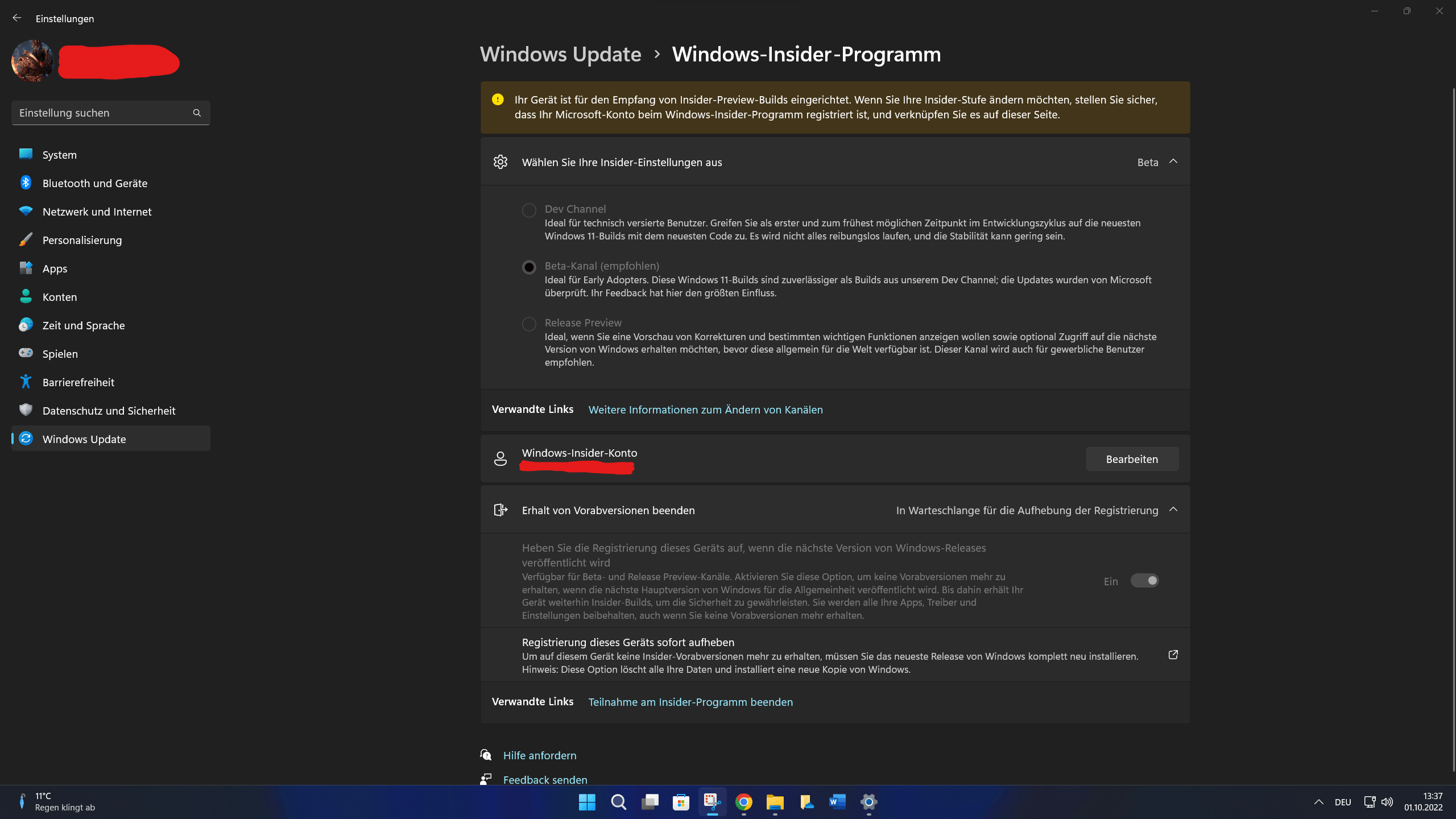 Windows Insider von Release Preview zu stabilem 22h2 Update wechseln