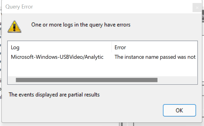 Ereignisanzeige-Abfragefehler – Ein oder mehrere Protokolle in der Abfrage weisen Fehler auf (Microsoft-Windows -USBVideo/Analytic)