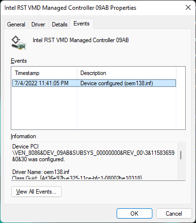 Leistungsmonitor: Ein Gerät hat den Status Nicht OK gemeldet (Intel RST VMD Managed Controller 09AB)