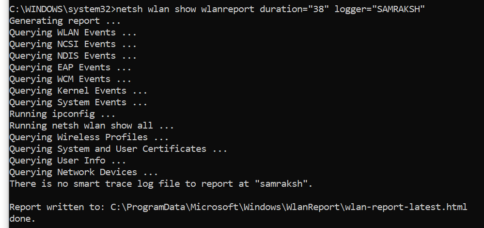 netsh wlan show wlanreport duration=38