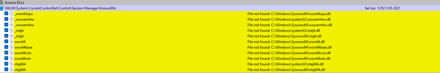 Autoruns fehlende Dateien: wow64cpu, wowarmhw, wow64, xtajit und wow64win auf KnownDlls