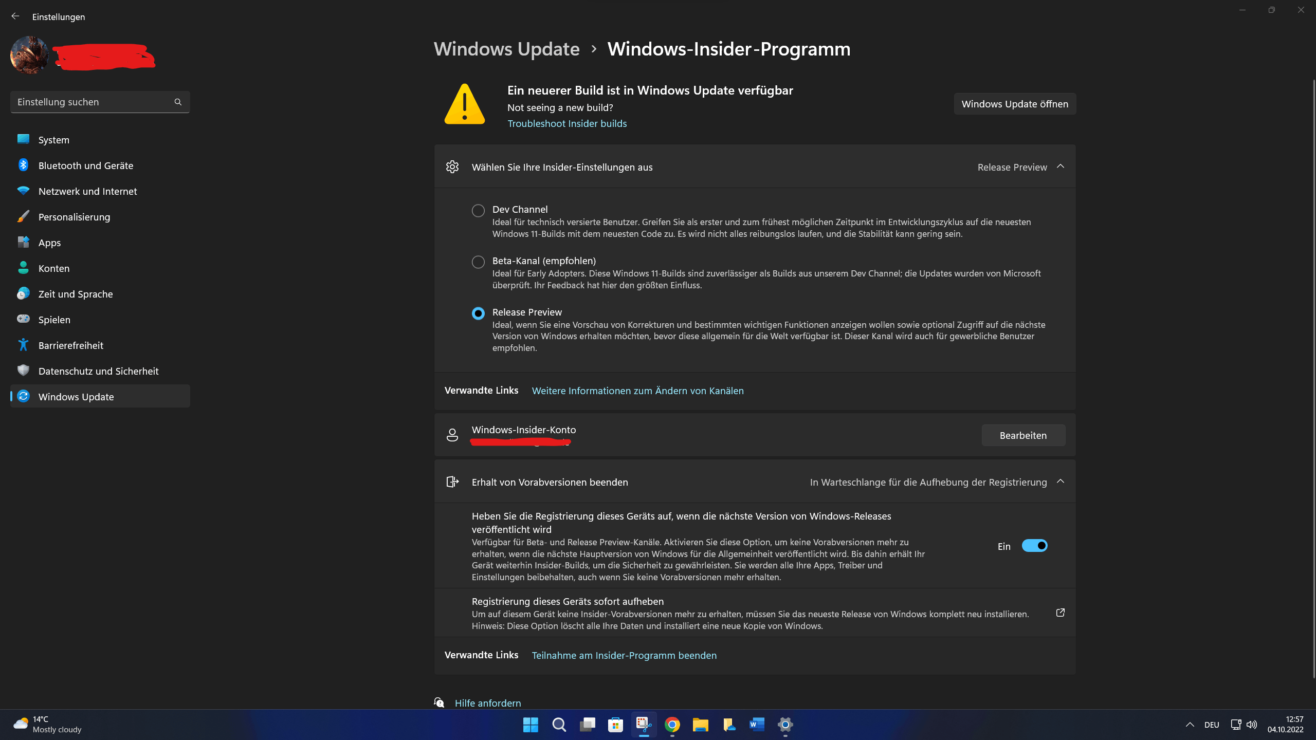 Windows Insider von Release Preview zu stabilem 22h2 Update wechseln