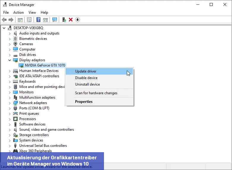 Aktualisierung der Grafikkartentreiber im Geräte-Manager von Windows 10