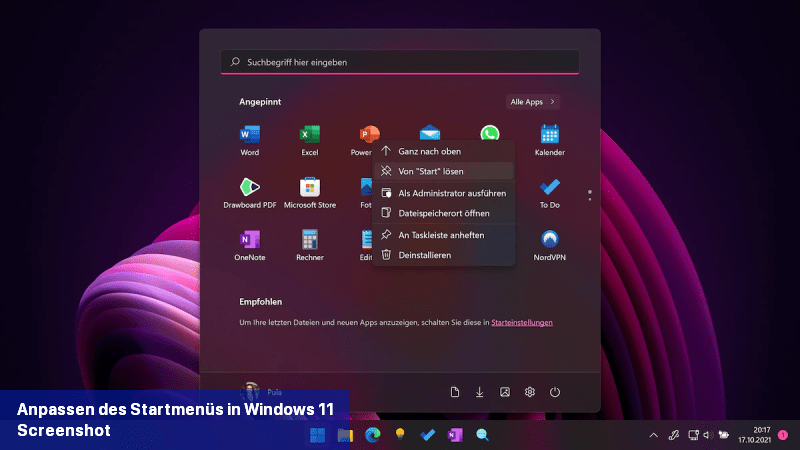Anpassen des Startmenüs in Windows 11 Screenshot