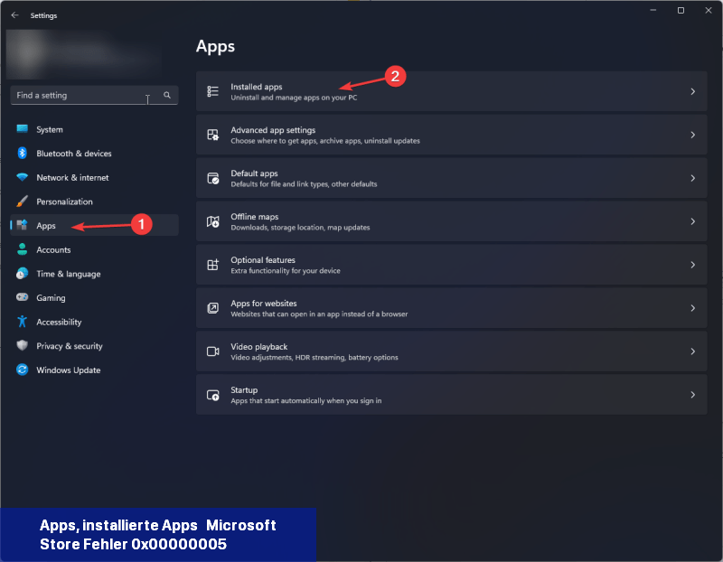 Apps, installierte Apps - Microsoft Store Fehler 0x00000005