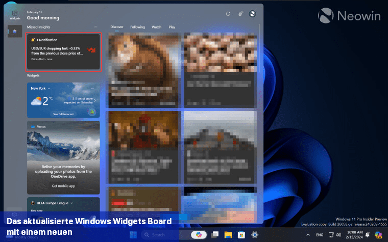 Das aktualisierte Windows-Widgets-Board mit einem neuen Benachrichtigungszentrum