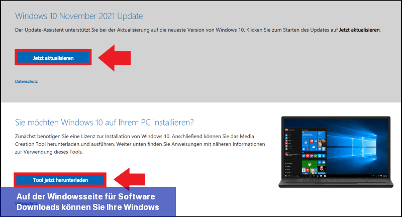 Auf der Windowsseite für Software-Downloads können Sie Ihre Windows-Version aktualisieren oder ein Upgrade durchführen.