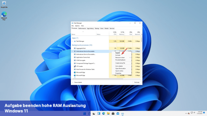 Aufgabe beenden hohe RAM-Auslastung Windows 11
