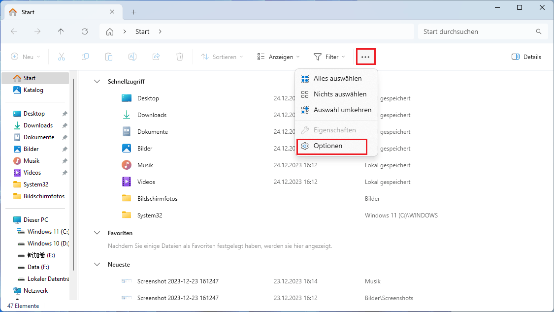 Windows 11 Datei Explorer: Zuletzt benutzte Ordner nicht ausklappen