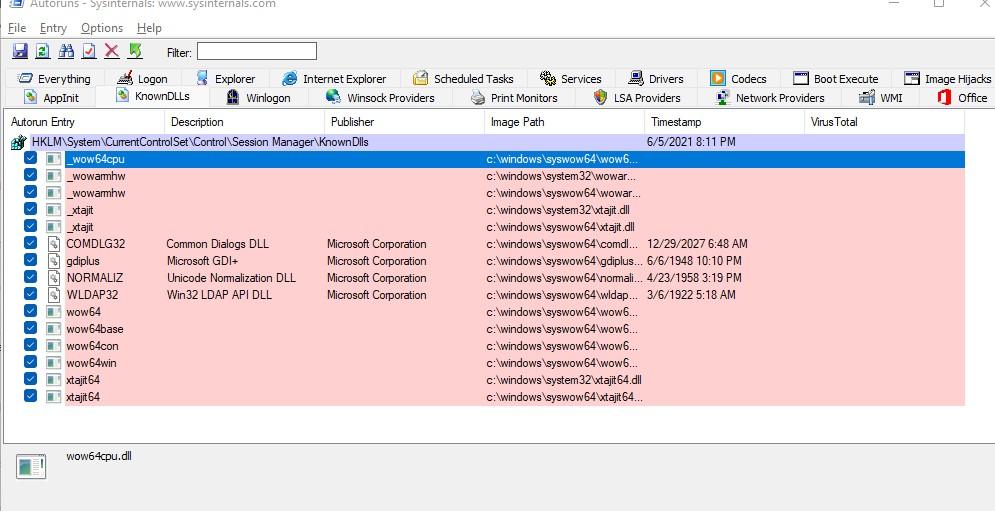Autoruns fehlende Dateien: wow64cpu, wowarmhw, wow64, xtajit und wow64win auf KnownDlls
