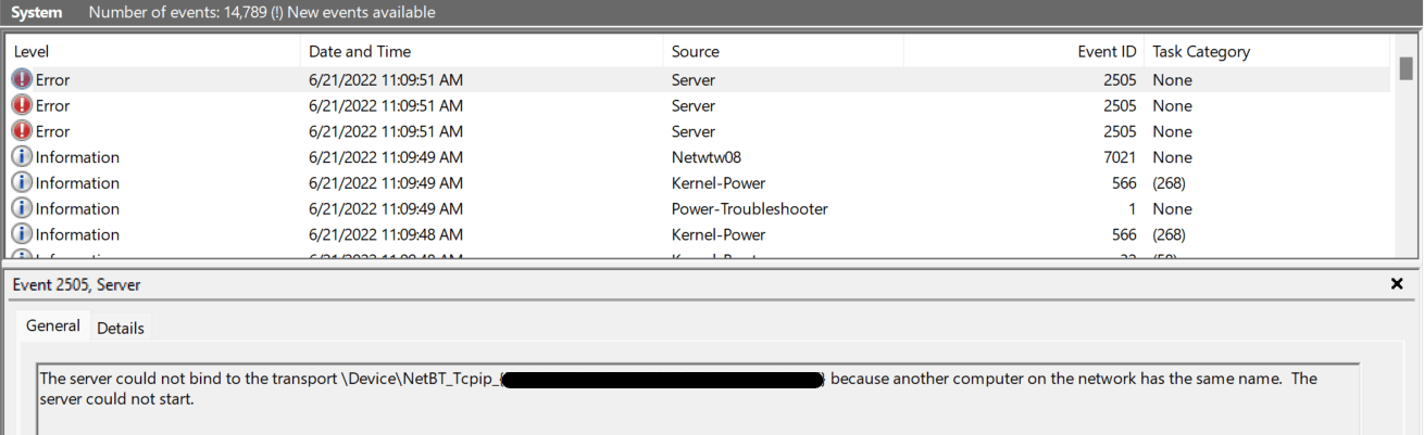 Ereignisfehler-ID: 2505 Der Server konnte keine Verbindung zum Transport herstellen...