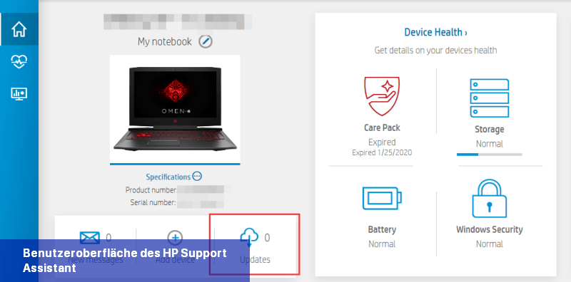 Benutzeroberfläche des HP Support Assistant