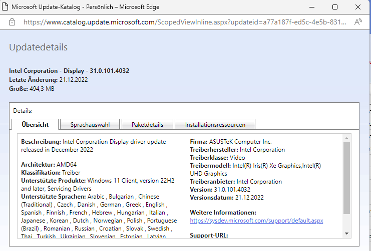 Intel Grafiktreiber wird immer in eine viel ältere Version von Win 11 aufgezwungen