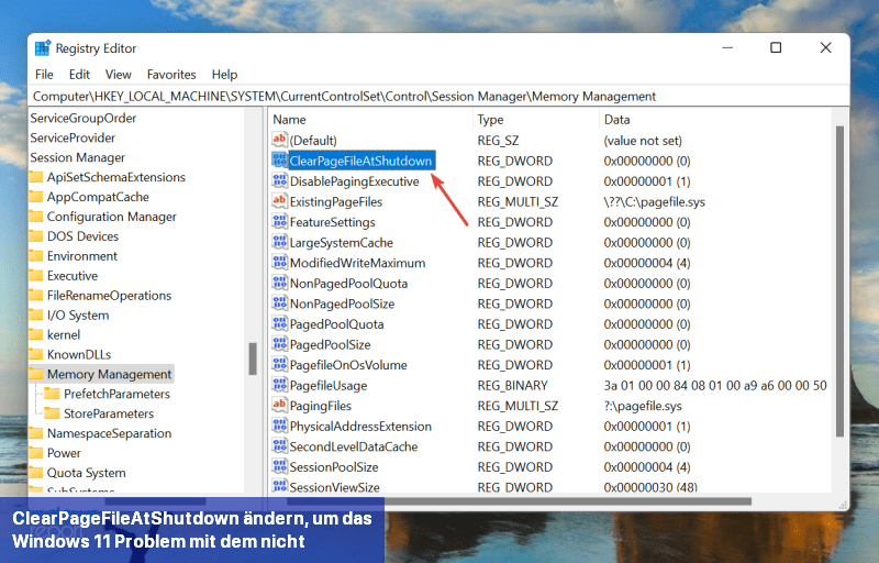 ClearPageFileAtShutdown ändern, um das Windows 11-Problem mit dem nicht vollständigen RAM zu beheben