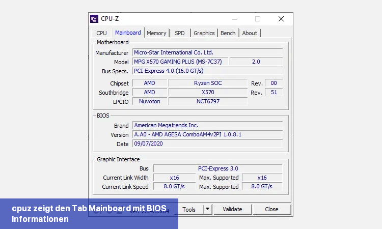 cpuz zeigt den Tab Mainboard mit BIOS-Informationen