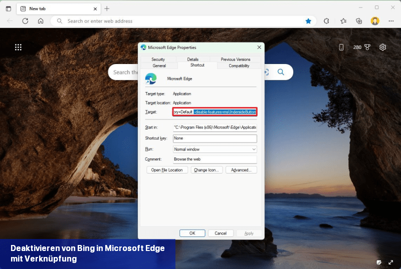 Deaktivieren von Bing in Microsoft Edge mit Verknüpfung