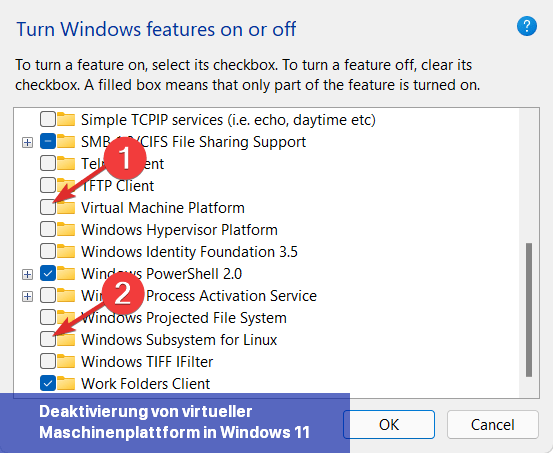 Deaktivierung von virtueller Maschinenplattform in Windows 11