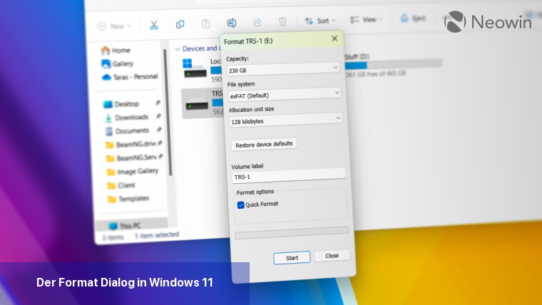 Der Format-Dialog in Windows 11