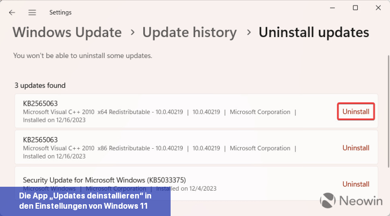 Die App „Updates deinstallieren“ in den Einstellungen von Windows 11