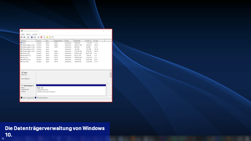 Die Datenträgerverwaltung von Windows 10.
