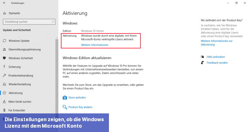 Die Einstellungen zeigen, ob die Windows-Lizenz mit dem Microsoft-Konto verknüpft ist.