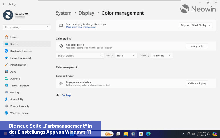 Die neue Seite „Farbmanagement“ in der Einstellungs-App von Windows 11