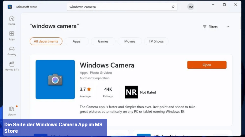 Die Seite der Windows Camera App im MS Store