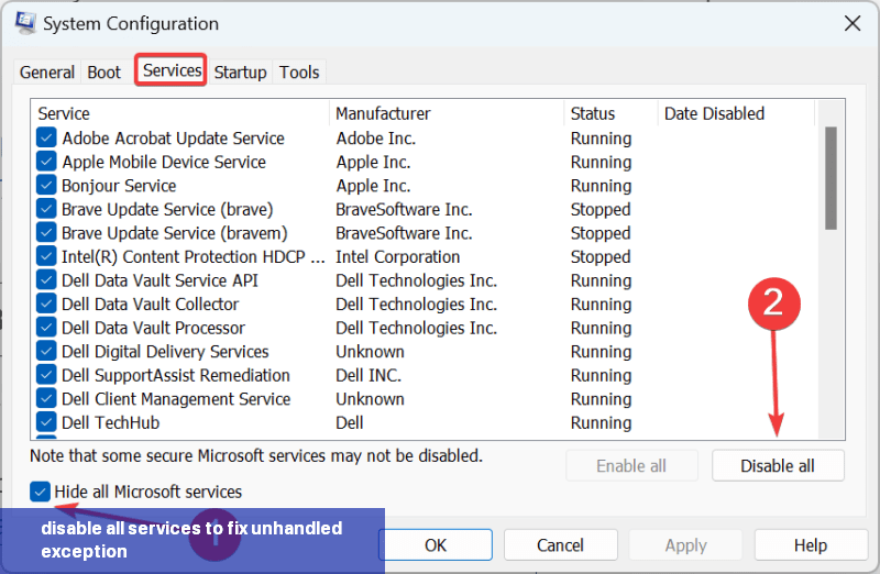 disable all services to fix unhandled exception