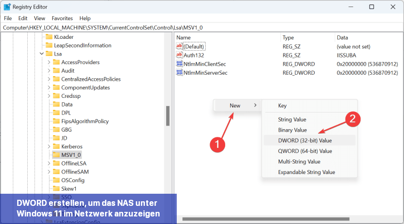 DWORD erstellen, um das NAS unter Windows 11 im Netzwerk anzuzeigen