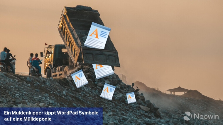 Ein Muldenkipper kippt WordPad-Symbole auf eine Mülldeponie