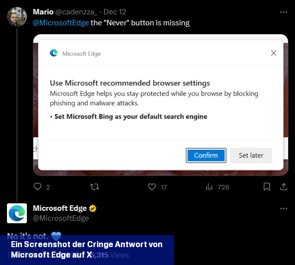 Ein Screenshot der Cringe-Antwort von Microsoft Edge auf X