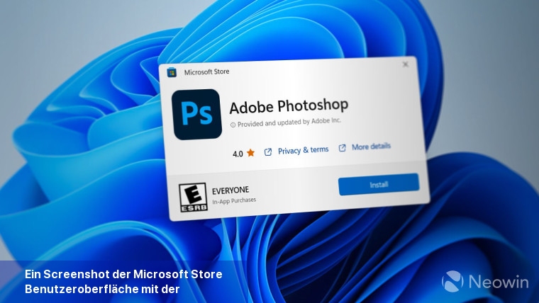 Ein Screenshot der Microsoft Store-Benutzeroberfläche mit der Aufforderung, Adobe Photoshop unter Windows 11 zu installieren
