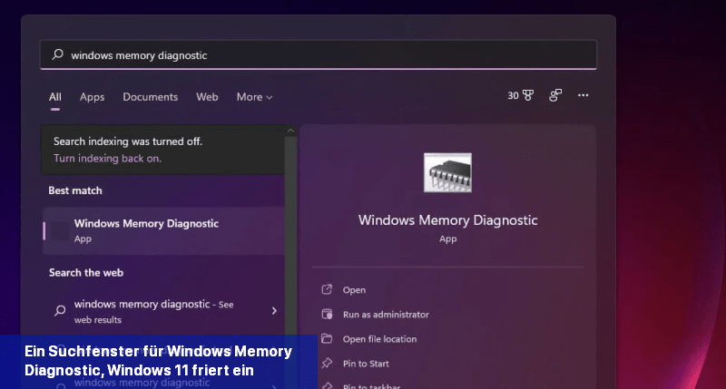 Ein Suchfenster für Windows Memory Diagnostic, Windows 11 friert ein